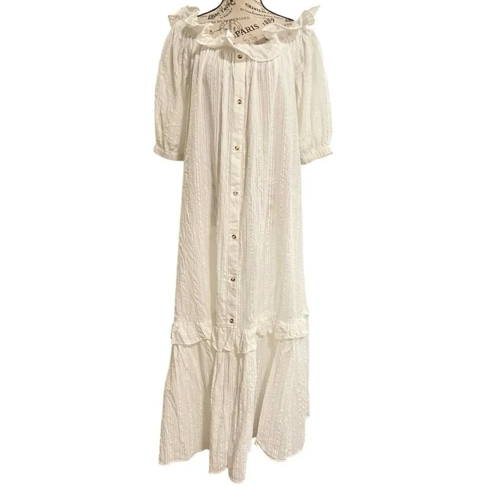Anthropologie Ruffle Off-The-Shoulder Gauze Dress in White Size Medium